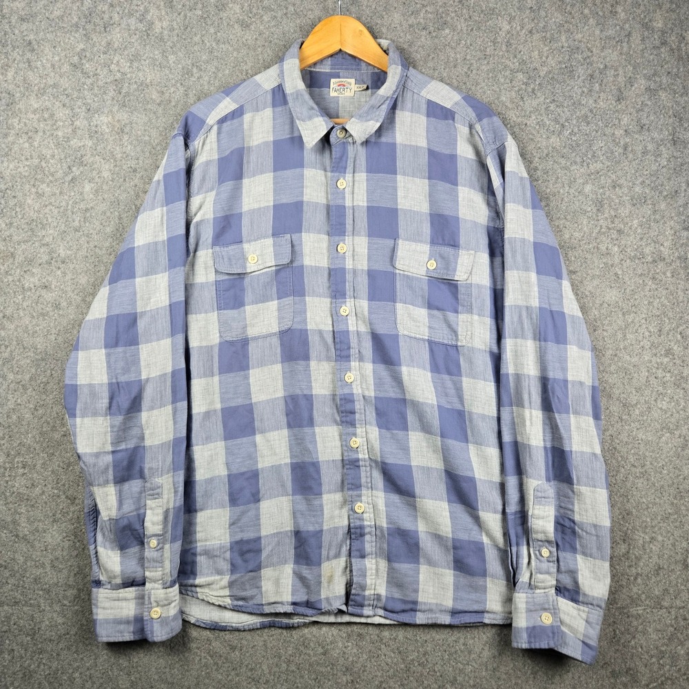 Faherty Shirt Mens XXL Blue Buffalo Plaid Flannel Coastal Surf Casual Outdoors